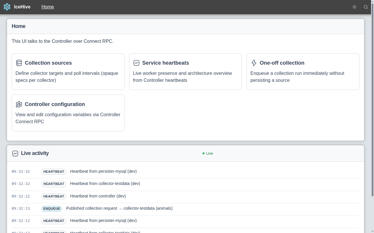 IceHive web UI home page with live activity feed