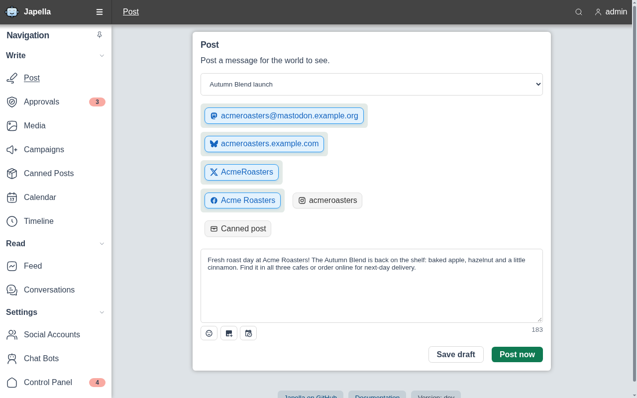 Composing a post for several social accounts at once