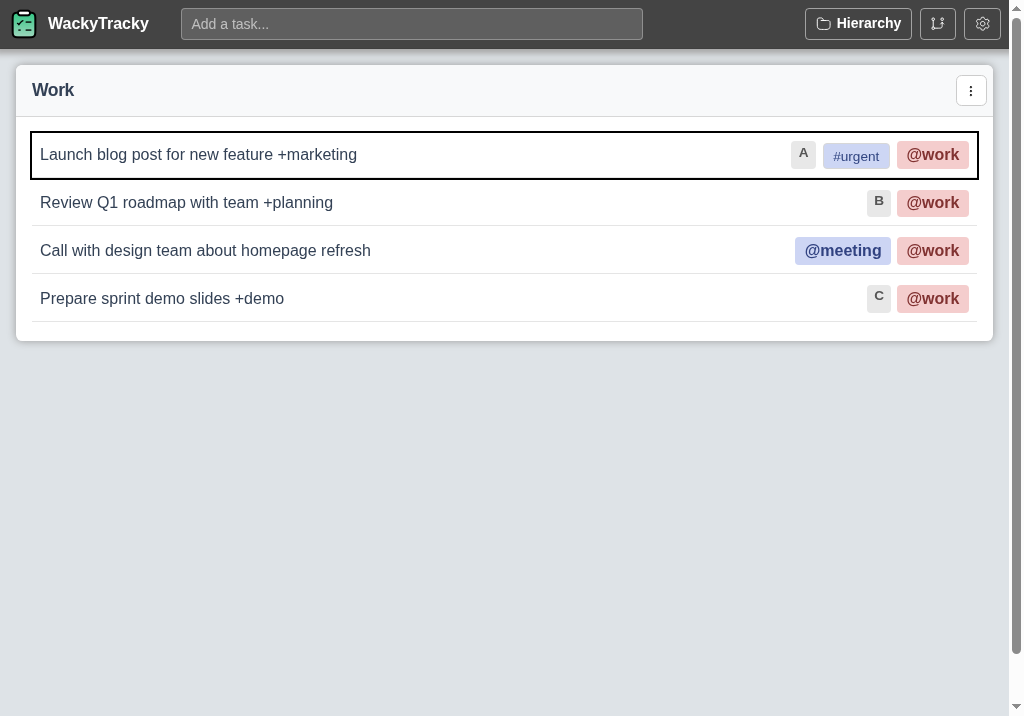List view — tasks with priorities, tags, contexts, and due dates