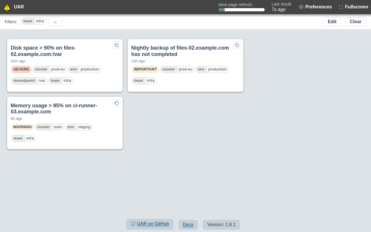 Alert board filtered to team=infra